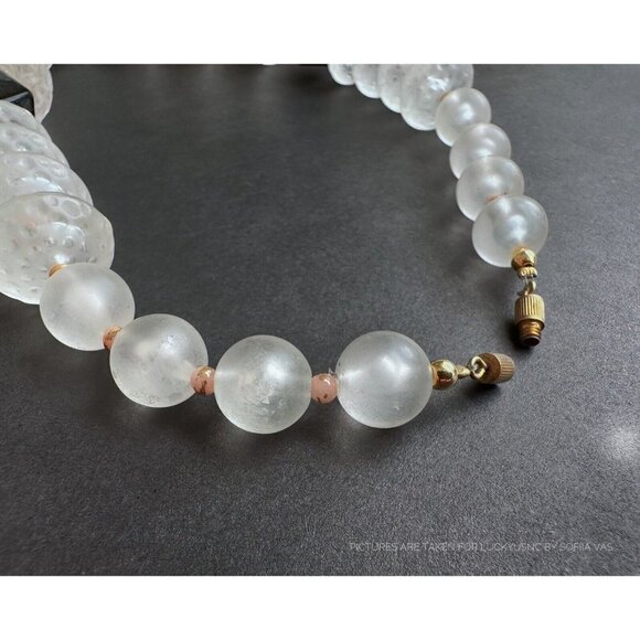 Necklace Matte Clear White faceted beads & balls, black & gold tone beaded 16” - Picture 4 of 6
